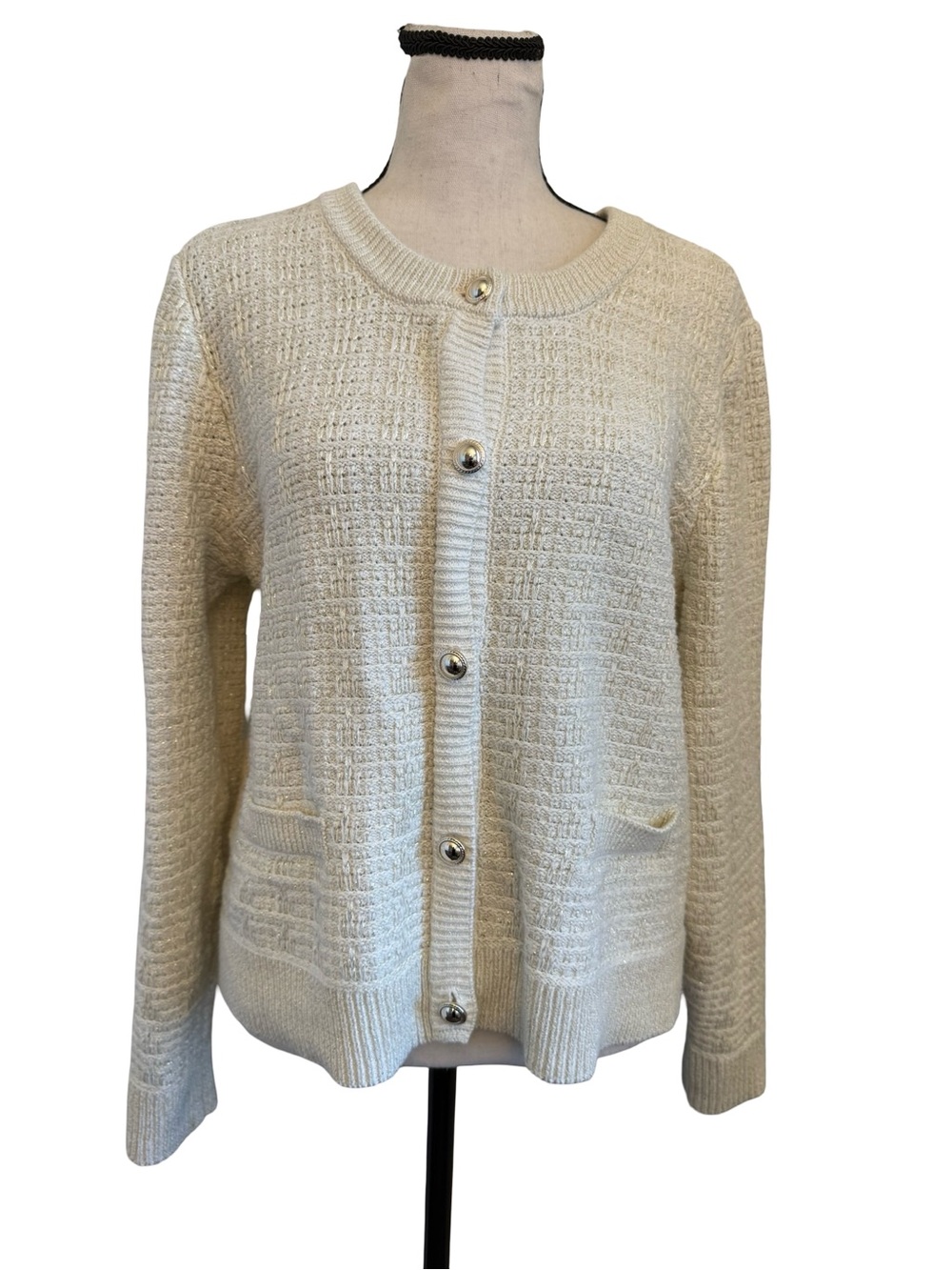 Liz Claiborne Cream Metallic Knit Cardigan Sweater Large Textured Button Front
